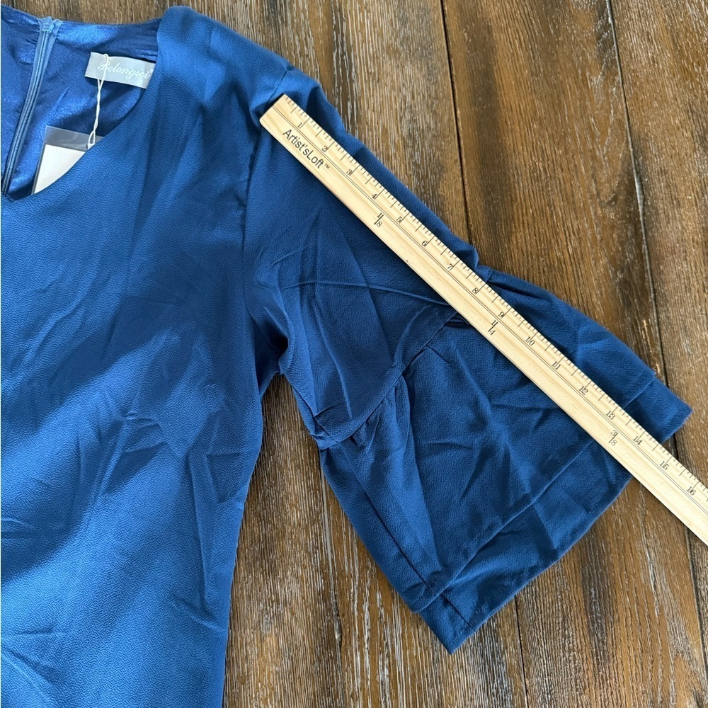Belongsci NWT Women’s Blue V Neck Bell Sleeve Mini Shift Dress Size S - Picture 11 of 14
